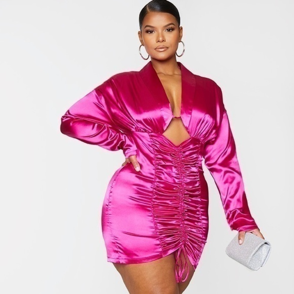NWT PrettyLittleThing Fuchsia Pink Ruched Satin Barbiecore Cutout Mini Size 20